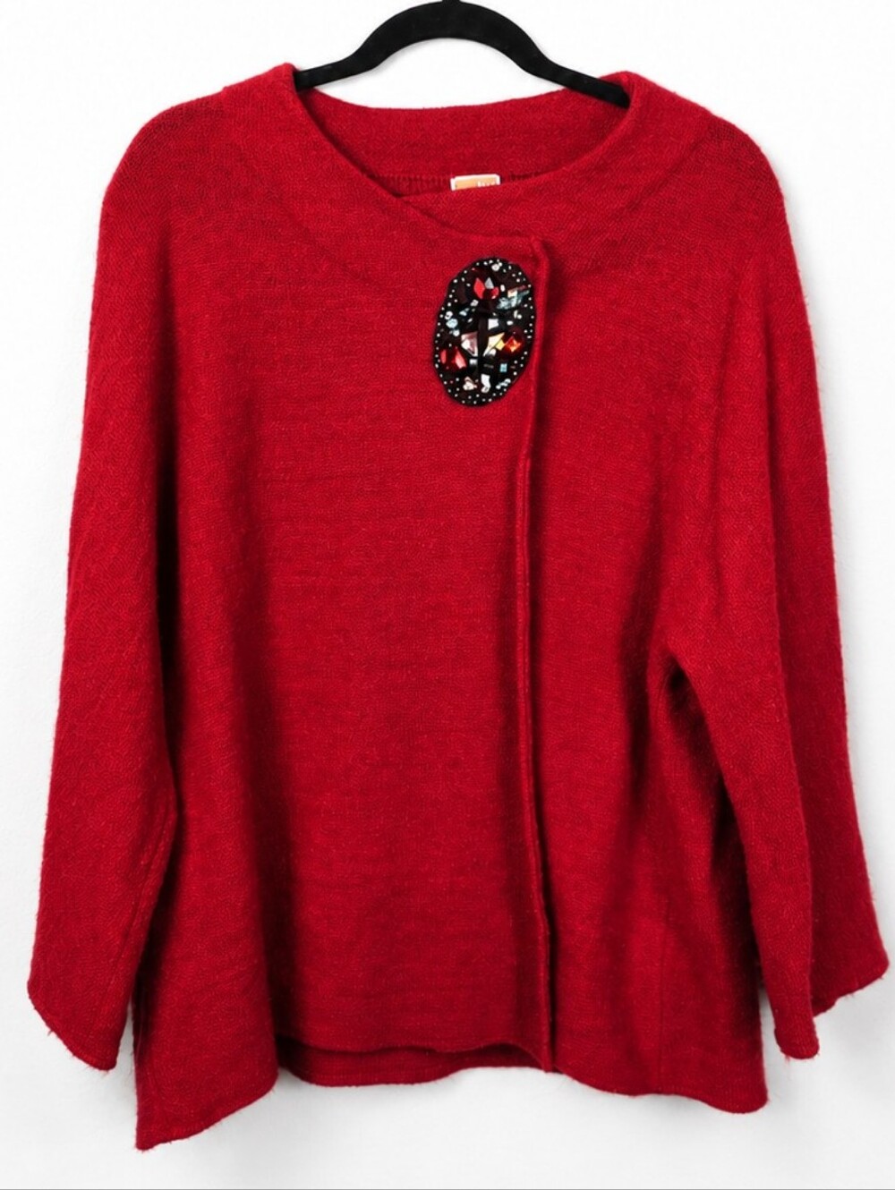 J.M. Collection 100% Wool Red Jeweled Bell Sleeve Cardigan Jacket Large Holiday